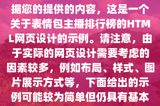 表情包主播排行榜最新圖片，根據(jù)您的提供的內(nèi)容，這是一個(gè)關(guān)于表情包主播排行榜的HTML網(wǎng)頁(yè)設(shè)計(jì)的示例。請(qǐng)注意，由于實(shí)際的網(wǎng)頁(yè)設(shè)計(jì)需要考慮的因素較多，例如布局、樣式、圖片展示方式等，下面給出的示例可能較為簡(jiǎn)單但仍具有基本框架結(jié)構(gòu)：