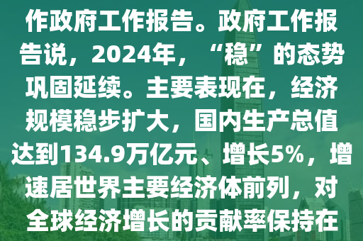 大河財立方：【2024年國內生產(chǎn)總值134.9萬億元，增長5％】3月5日，十四屆全國人大三次會議開幕，國務院總理李強作政府工作報告。政府工作報告說，2024年，“穩(wěn)”的態(tài)勢鞏固延續(xù)。主要表現(xiàn)在，經(jīng)濟規(guī)模穩(wěn)步擴大，國內生產(chǎn)總值達到134.9萬億元、增長5%，增速居世界主要經(jīng)濟體前列，對全球經(jīng)濟增長的貢獻率保持在30%左右。就業(yè)、物價總體平穩(wěn)，城鎮(zhèn)新增就業(yè)1256萬人、城鎮(zhèn)調查失業(yè)率平均為5.1%，居